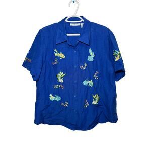 Sarah Spencer vintage embroidered linen button down short sleeve shirt womens 14